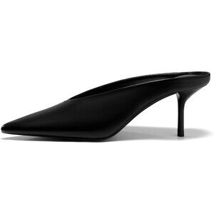 Women's Pu Black High Heels Mules Closed Pointed Toe Slide Sandals Slip On